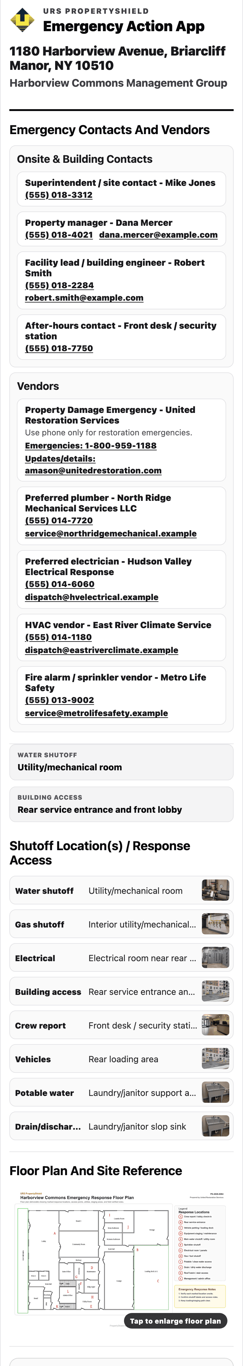 The Emergency Action App on a phone, scrolling through onsite contacts, vendors with URS and the plumber up top, photographed shutoff locations, and the building floor plan — all available offline