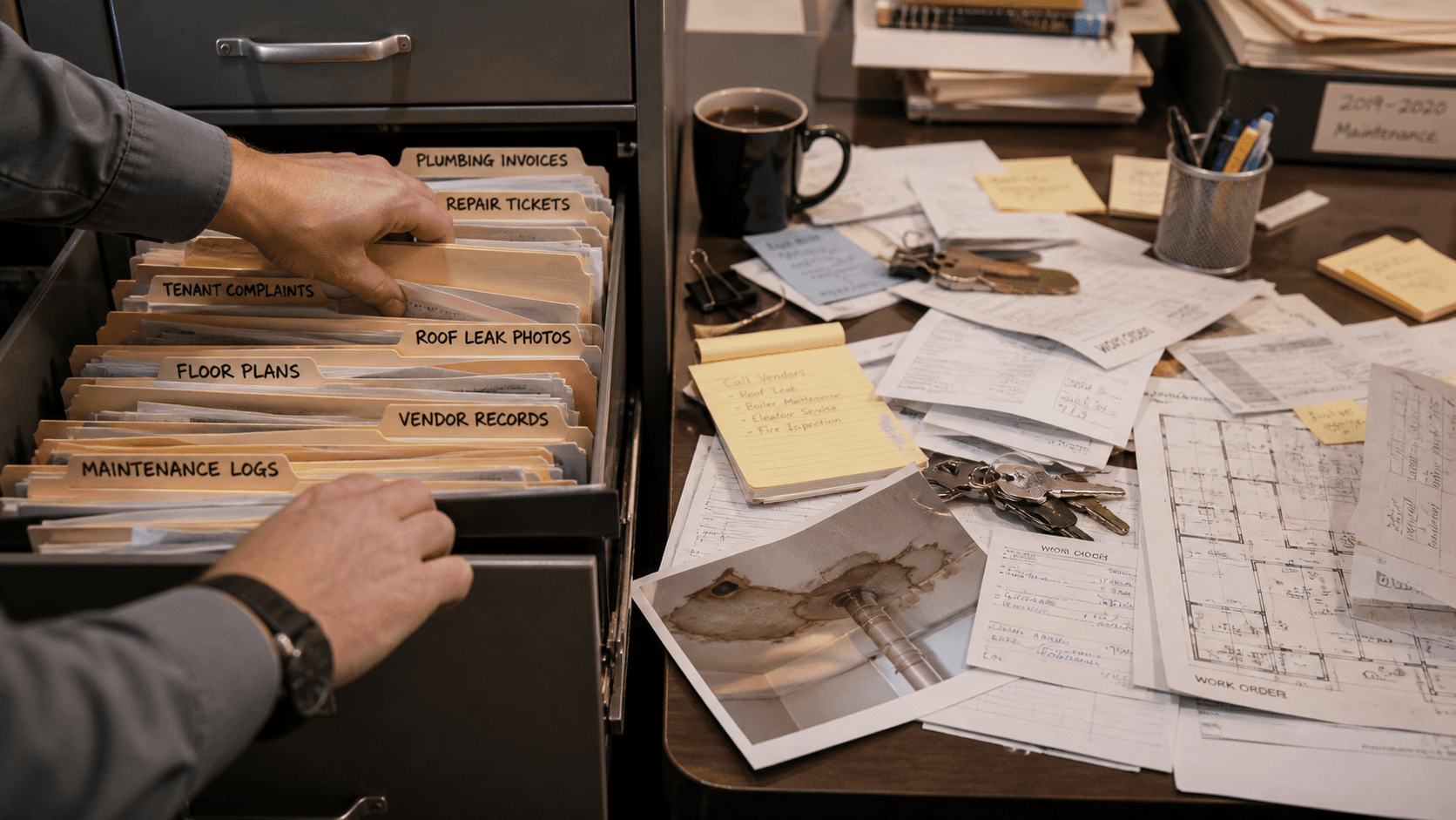 Boxes and file cabinets of building records — the scattered paperwork URS PropertyShield turns into a readiness plan